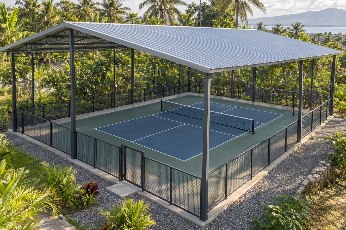 Elevated view of a single blue-green pickleball court under an open gable roof, with a low dark mesh barrier and tropical greenery