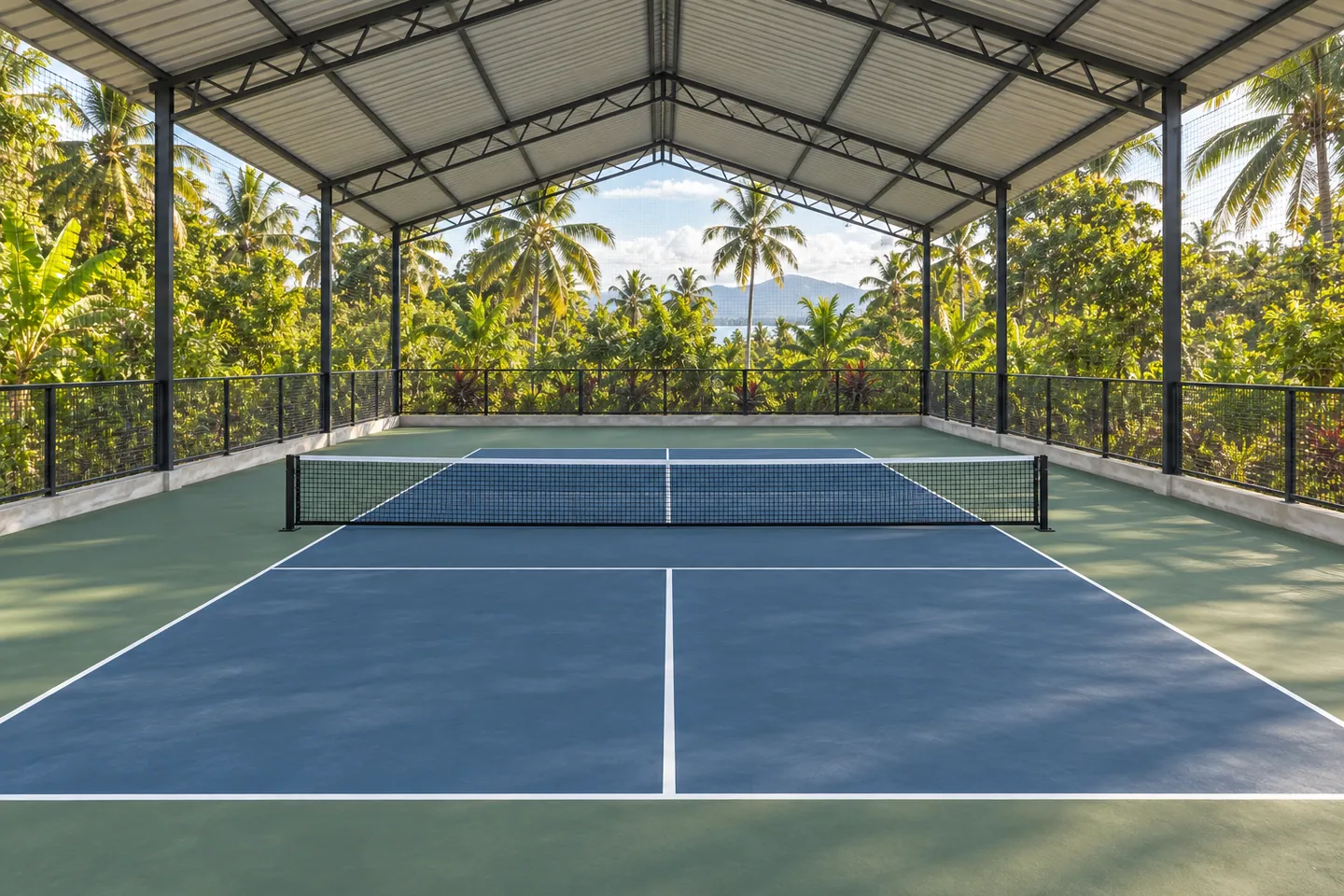 View from behind a pickleball baseline across the net toward the opposite end beneath an open steel roof