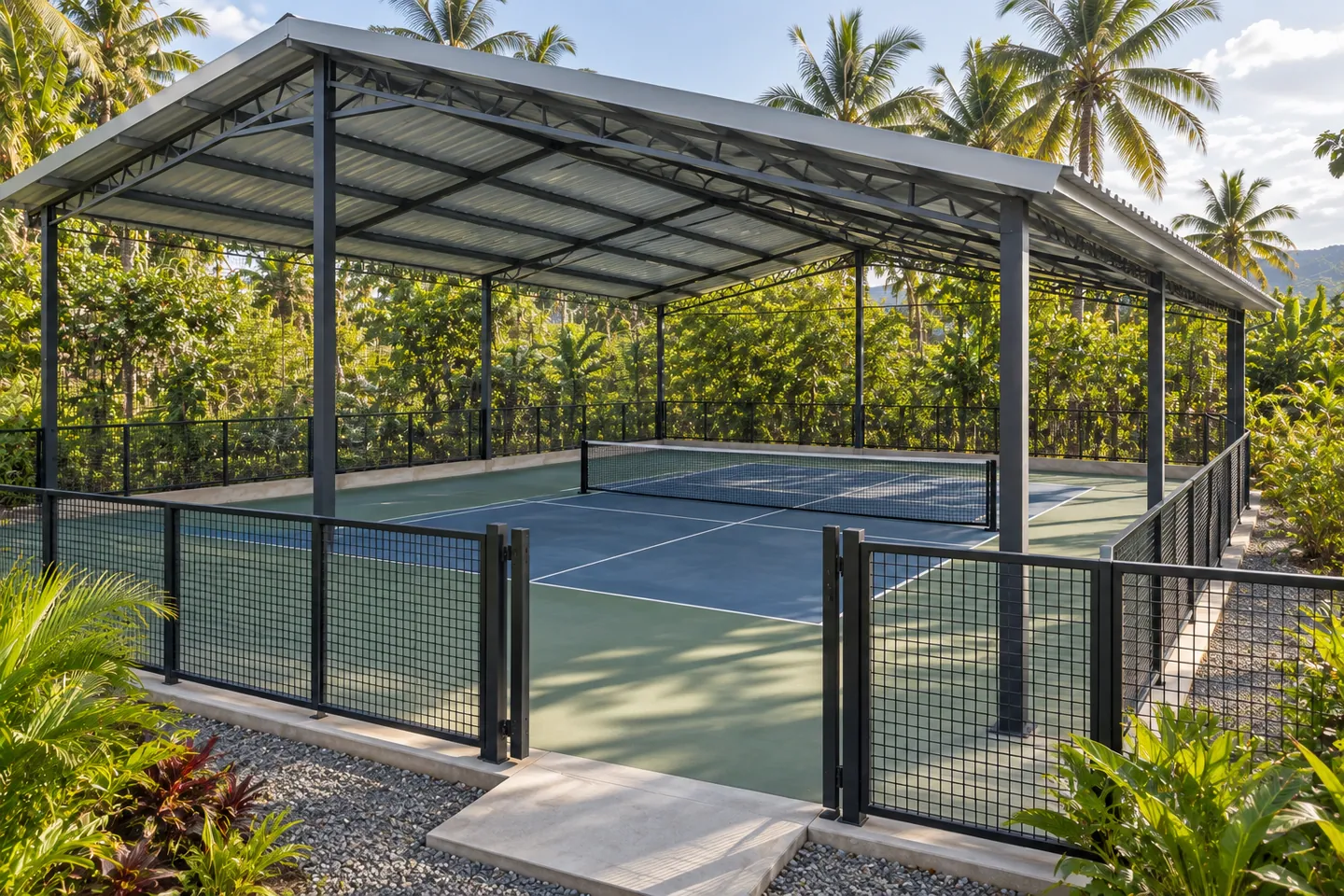 View through the dark mesh entry gate toward one covered court, green run-off area, and low perimeter barrier