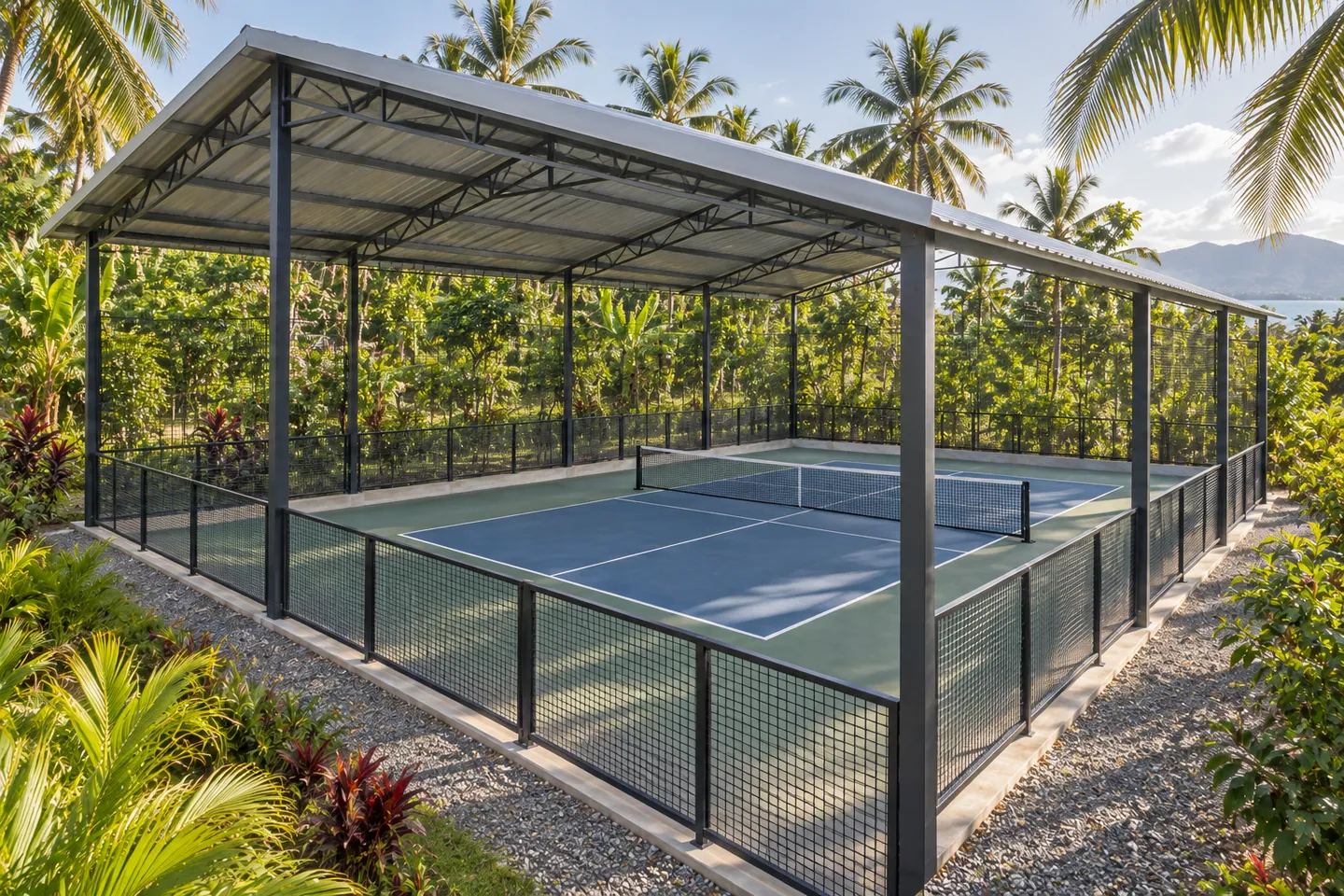 Outside view down one blue-green pickleball court showing a steel roof and low perimeter barrier amid tropical greenery